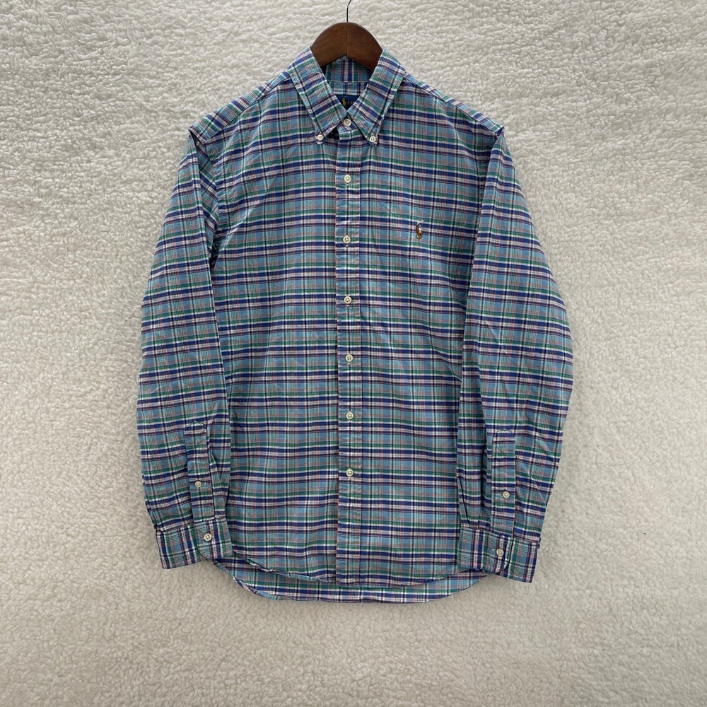 Polo Ralph Lauren Shirt Mens M Blue Green OCBD Oxford Plaid Preppy Luxury Summer